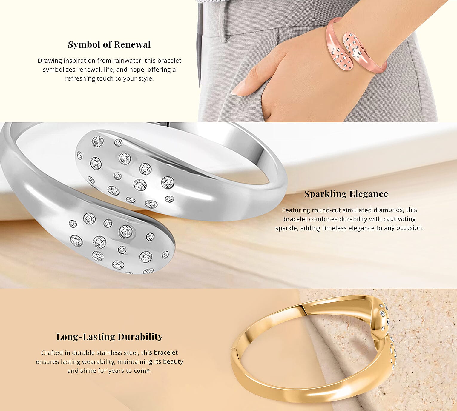 Simulated Diamond Raindrop Bangle Bracelet in ION Plated Rose Gold Stainless Steel Banner