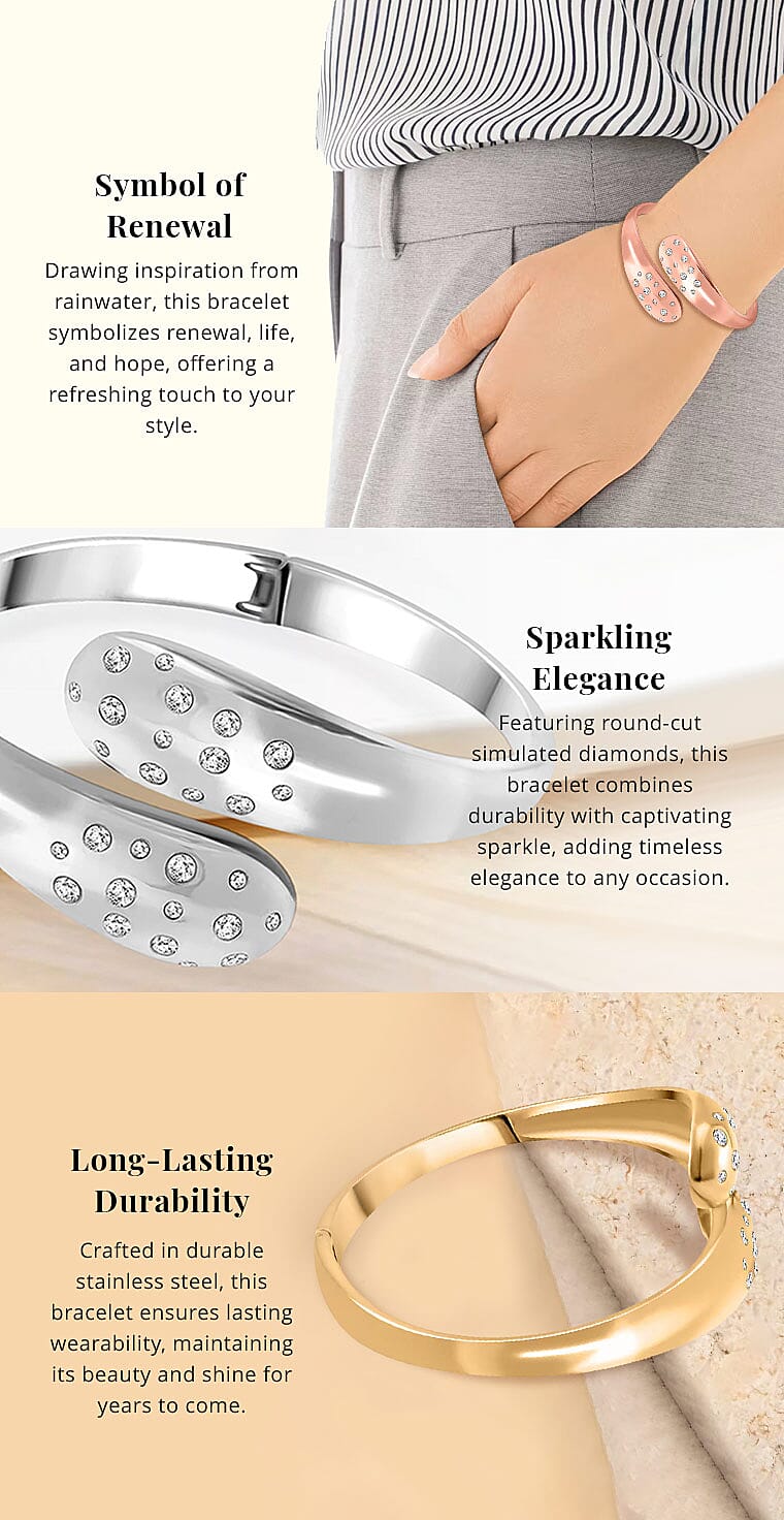 Simulated Diamond Raindrop Bangle Bracelet in ION Plated Rose Gold Stainless Steel Banner