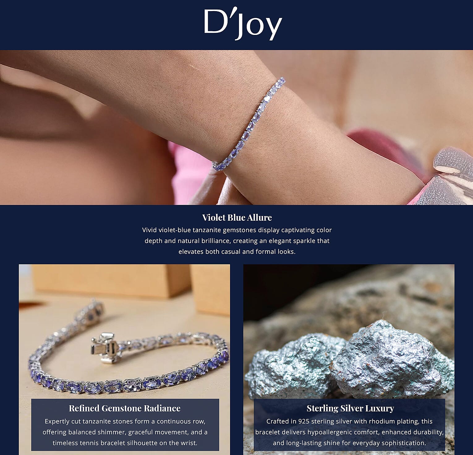 D'Joy Tanzanite 6.15 ctw Tennis Bracelet in Rhodium Over Sterling Silver (7.25 In) Banner