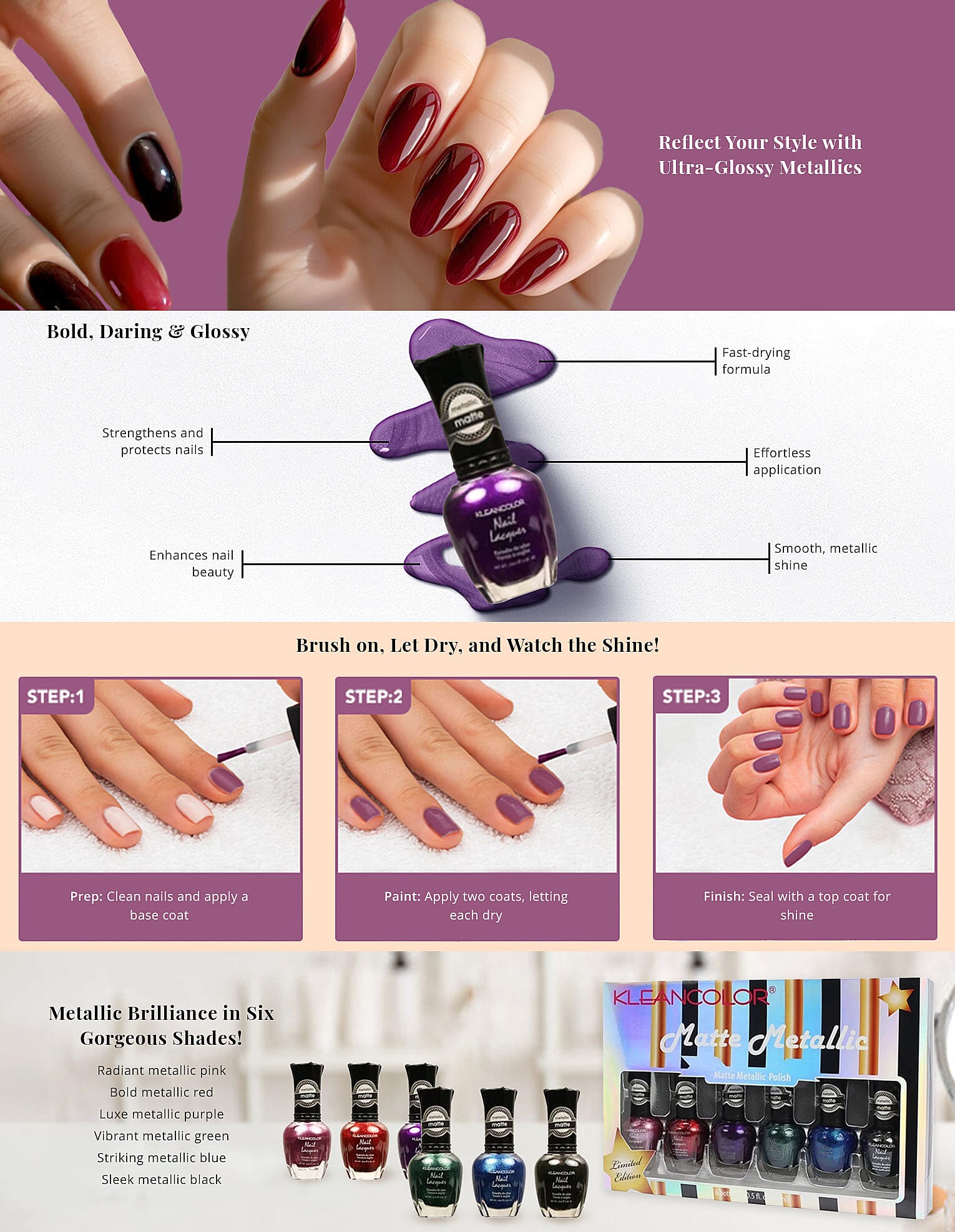 Closeout KleanColor Matte Metallic Nail Polish Sets-6pc Banner