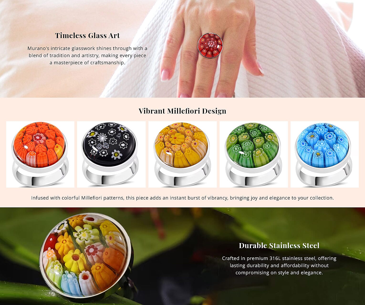 Dark Orange Murano Style Ring in Stainless Steel Banner