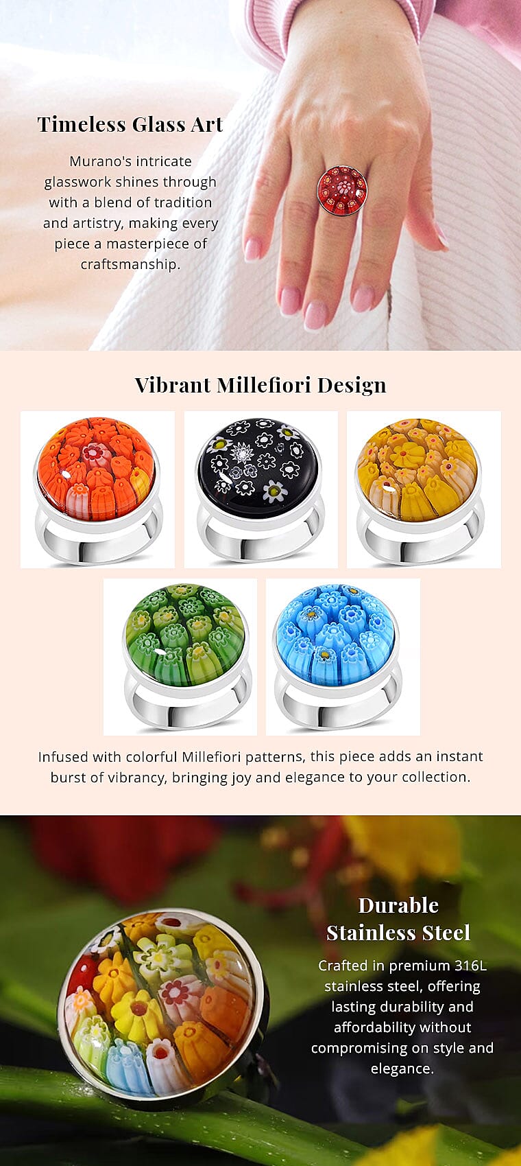 Dark Orange Murano Style Ring in Stainless Steel Banner