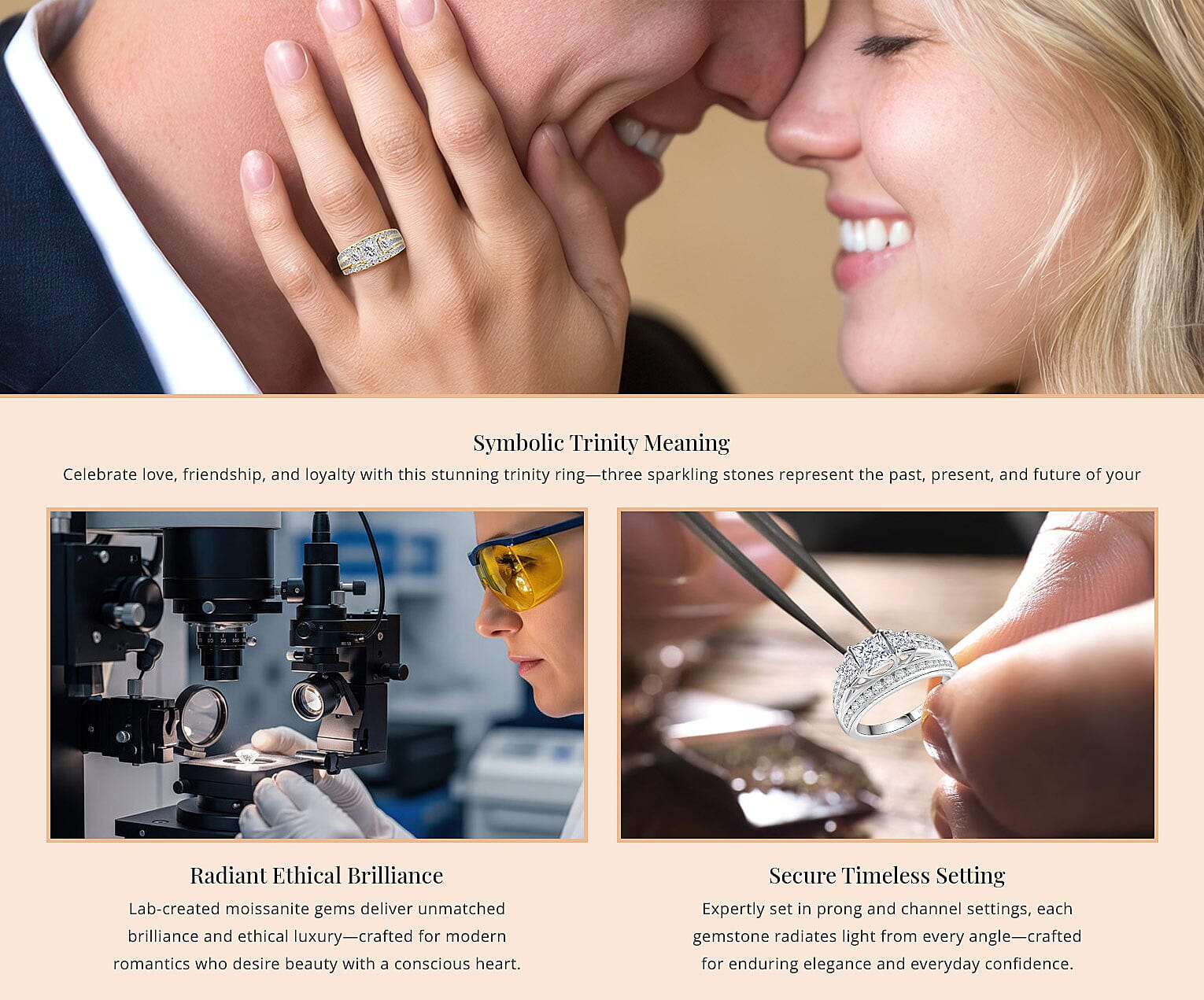 Moissanite 2.00 ctw Trinity Ring in 18K Vermeil Yellow Gold Over Sterling Silver Banner