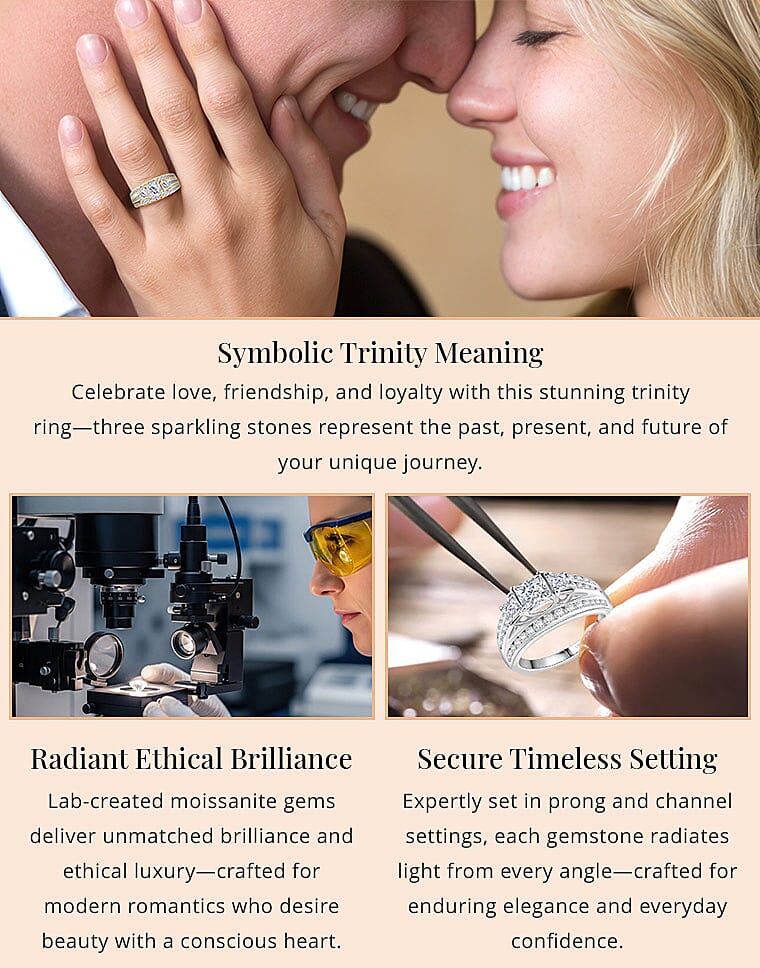 Moissanite 2.00 ctw Trinity Ring in 18K Vermeil Yellow Gold Over Sterling Silver Banner