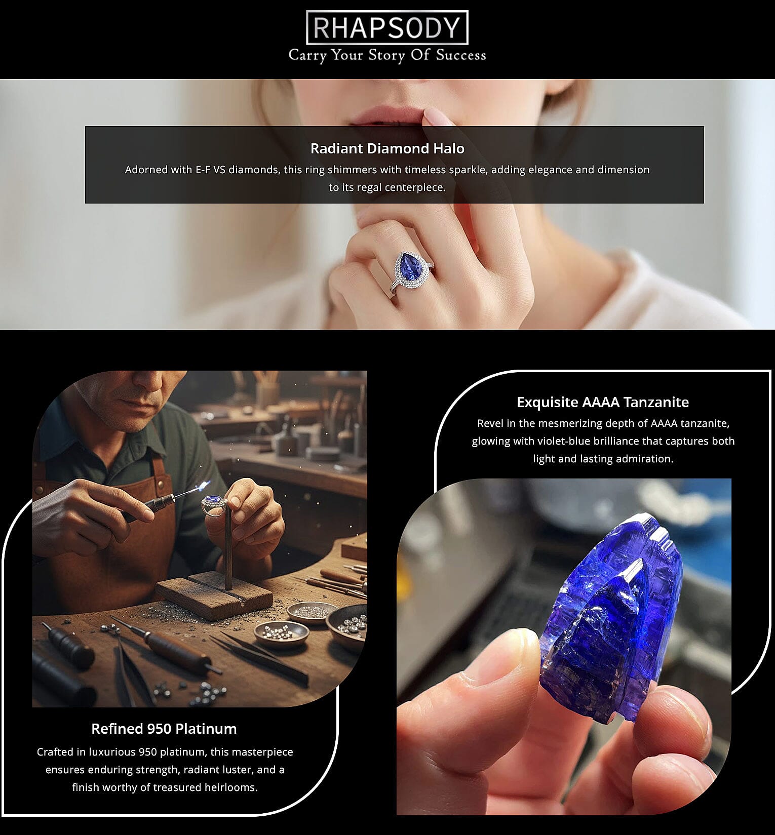 Certified & Appraised Rhapsody AAAA Tanzanite and E-F VS Diamond 9.40 ctw Ring in 950 Platinum 9.25 Grams Banner