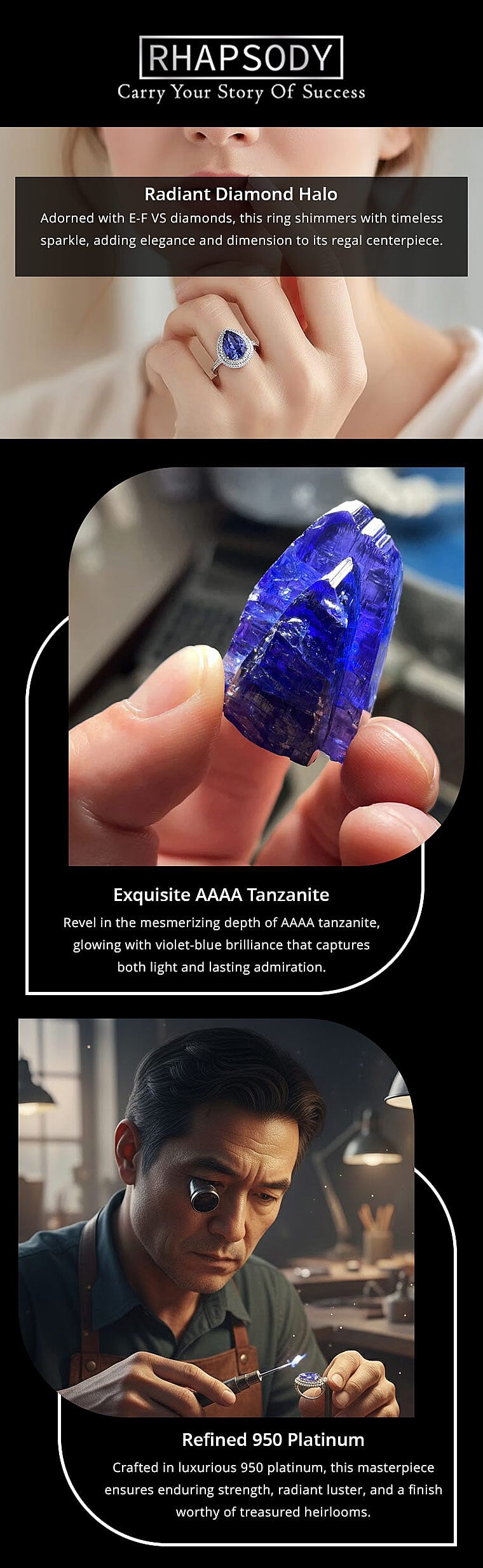 Certified & Appraised Rhapsody AAAA Tanzanite and E-F VS Diamond 9.40 ctw Ring in 950 Platinum 9.25 Grams Banner