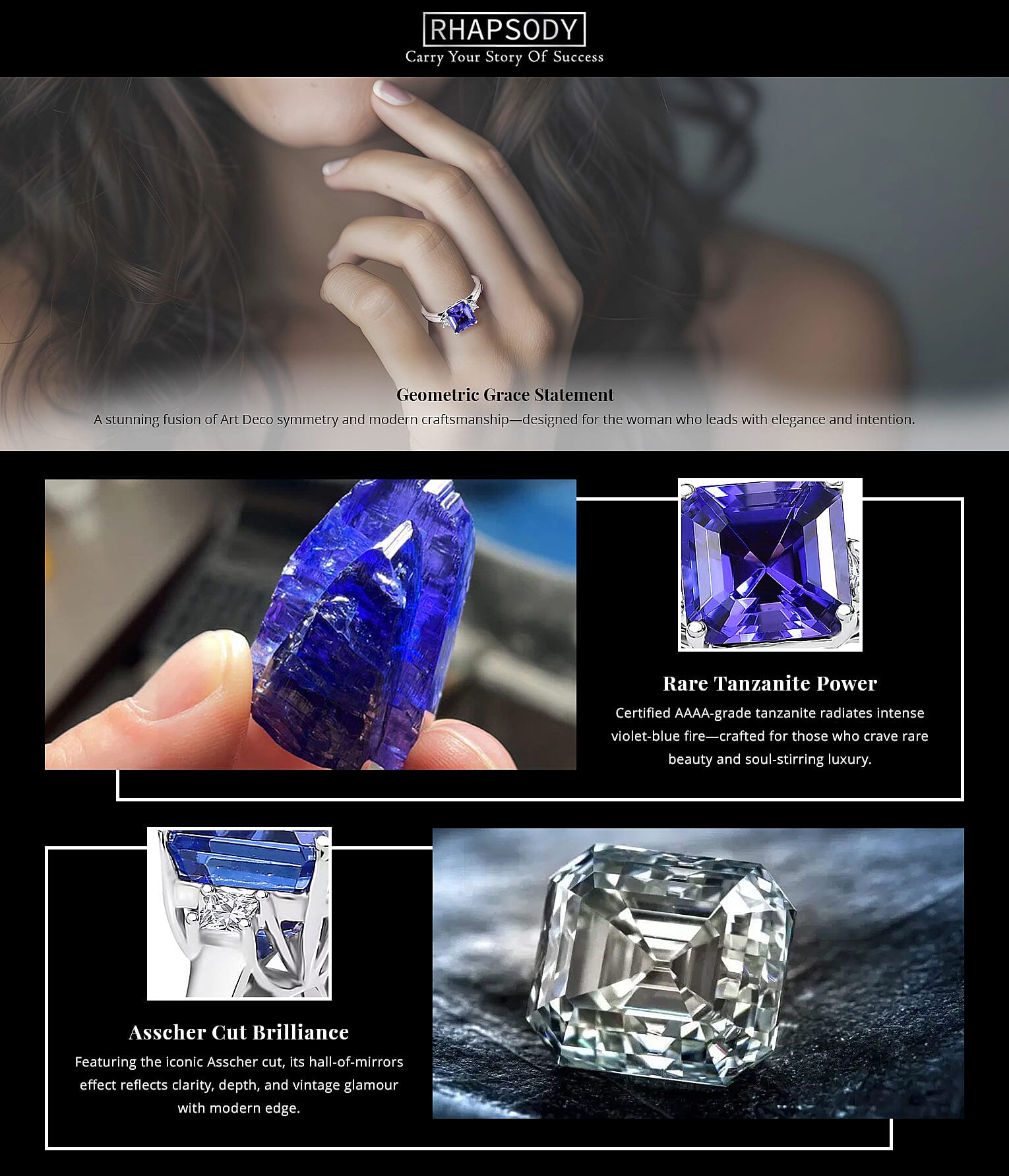 Certified & Appraised Rhapsody Asscher Cut AAAA Tanzanite and E-F VS Diamond 2.14 ctw Ring in 950 Platinum 4.88 Grams Banner