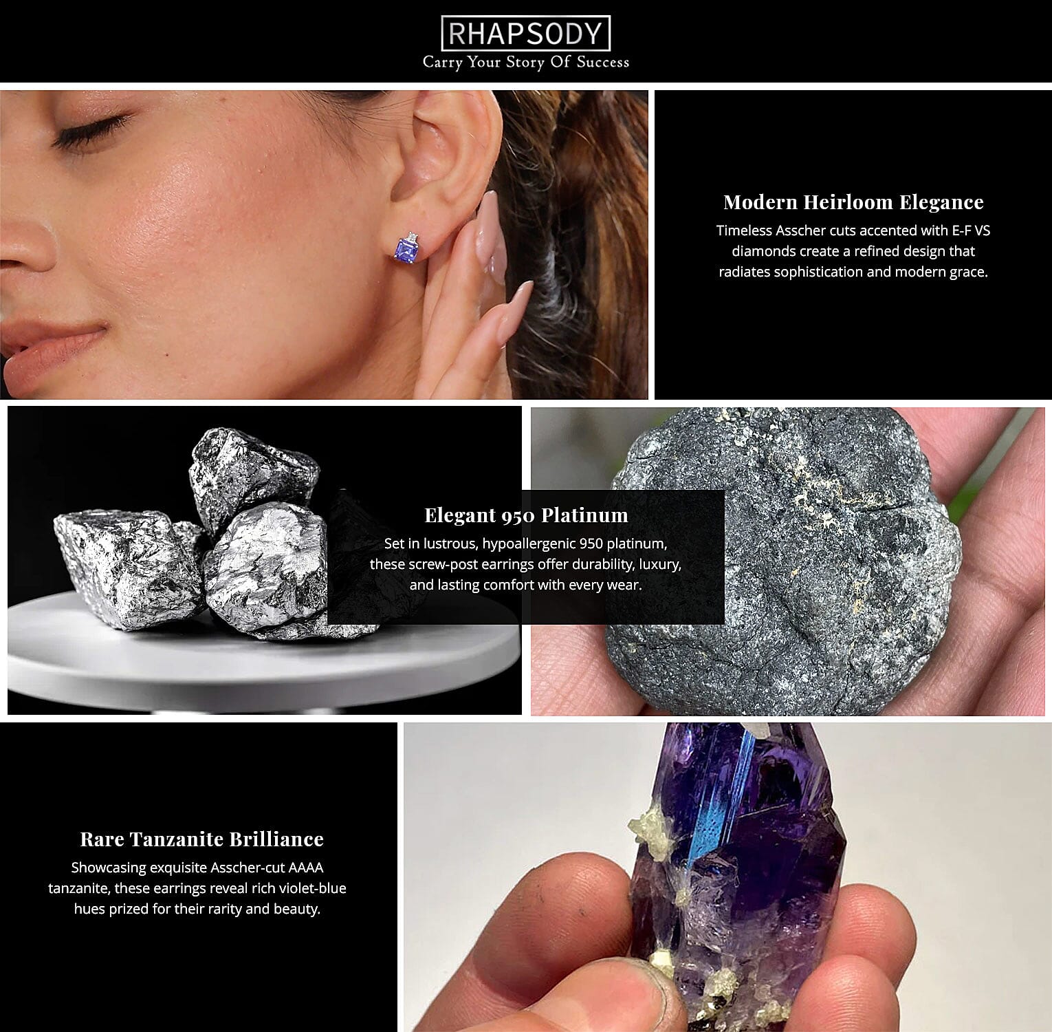 Certified & Appraised Rhapsody Asscher Cut AAAA Tanzanite and E-F VS Diamond 2.69 ctw Earrings in 950 Platinum Banner