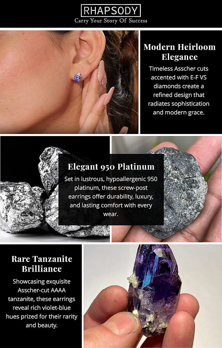 Certified & Appraised Rhapsody Asscher Cut AAAA Tanzanite and E-F VS Diamond 2.69 ctw Earrings in 950 Platinum Banner