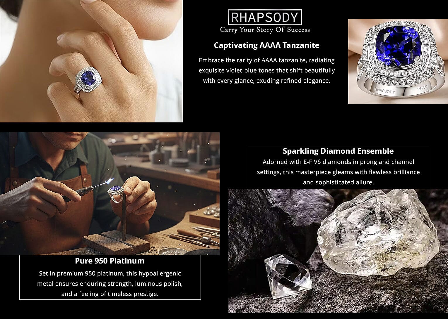 Certified & Appraised Rhapsody AAAA Tanzanite and E-F VS Diamond 6.38 ctw Ring in 950 Platinum 10.25 Grams Banner