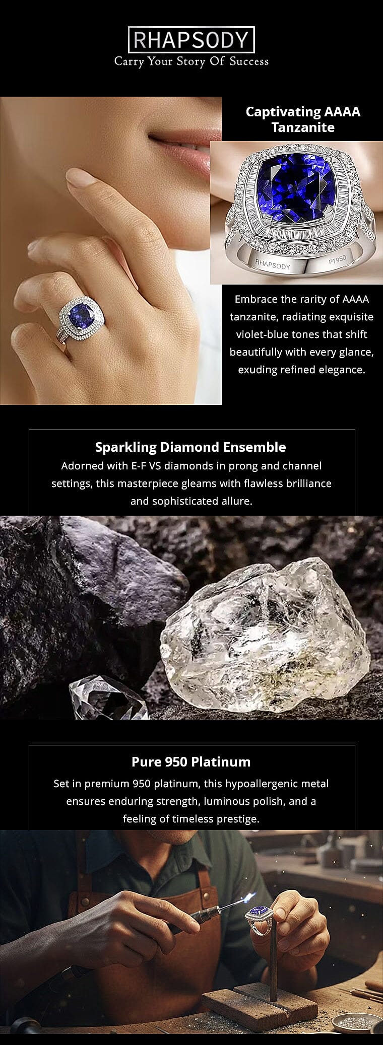 Certified & Appraised Rhapsody AAAA Tanzanite and E-F VS Diamond 6.38 ctw Ring in 950 Platinum 10.25 Grams Banner