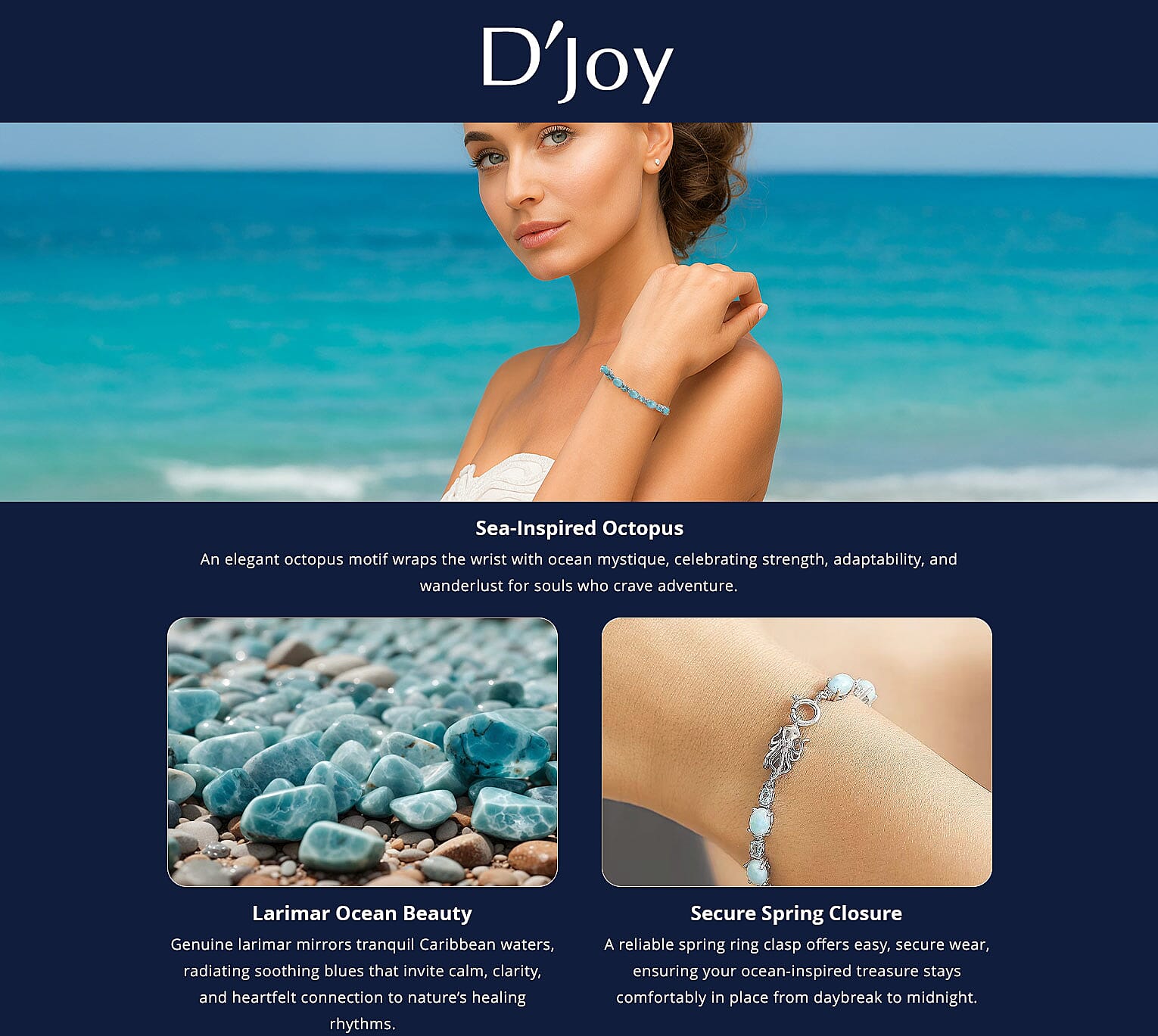 D'Joy Larimar and Betroka Blue Apatite 14.30 ctw Octopus Bracelet in Rhodium Over Sterling Silver (7.25 In) Banner