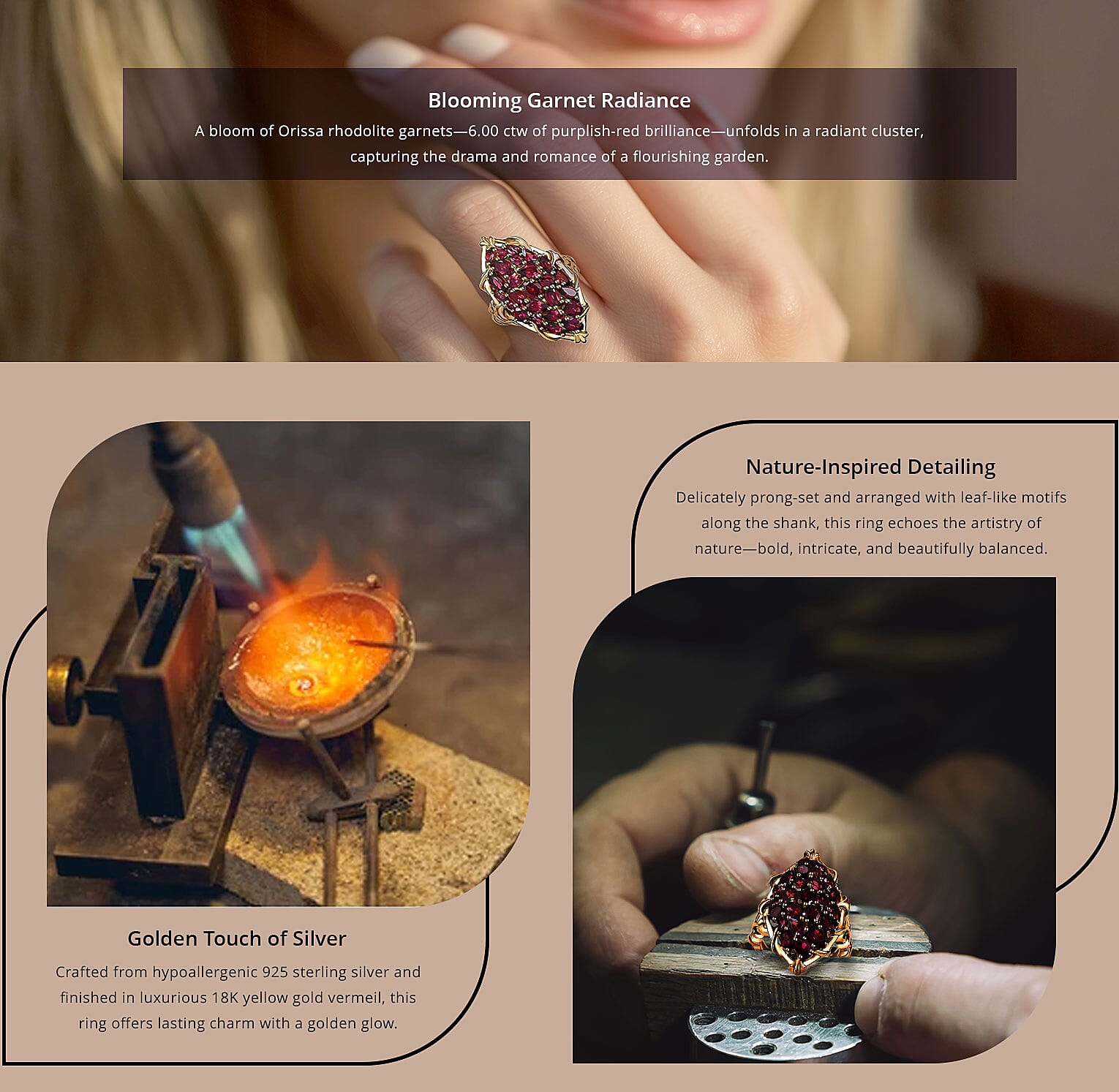 Orissa Rhodolite Garnet 6.00 ctw Crimson Bloom Ring in 18K Vermeil Yellow Gold Over Sterling Silver Banner