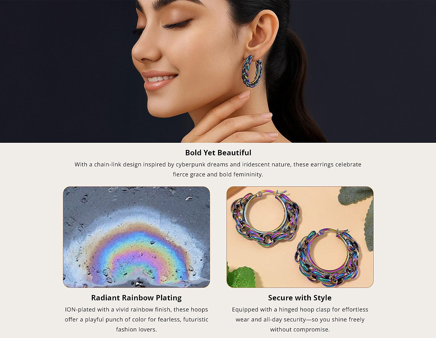 Value Buy 6mm Box Chain Hoop Earrings in ION Plated Rainbow Color Stainless Steel Banner