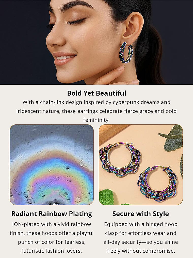 Value Buy 6mm Box Chain Hoop Earrings in ION Plated Rainbow Color Stainless Steel Banner