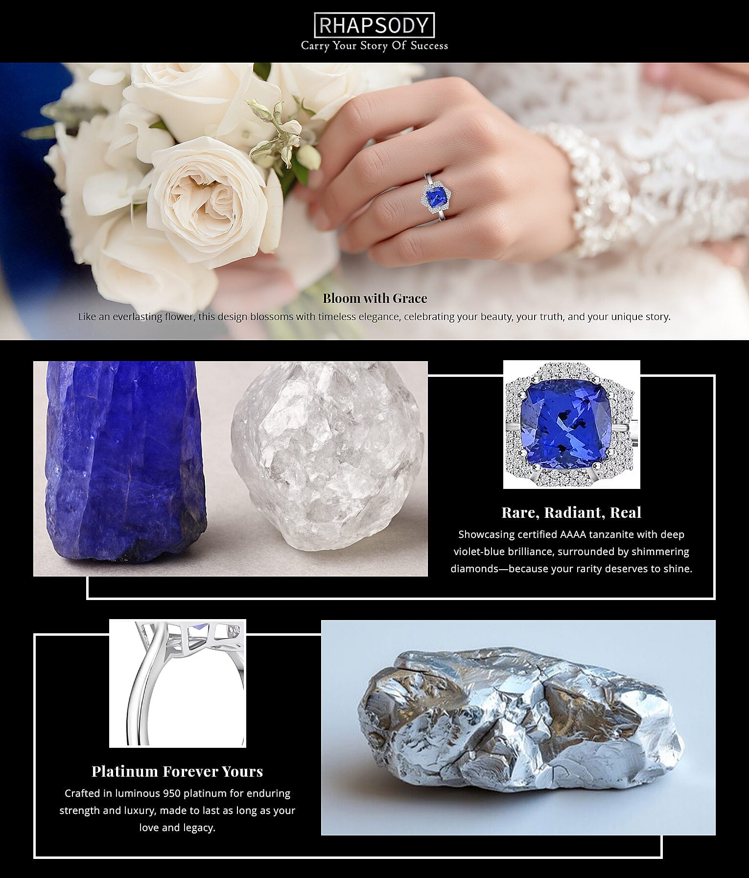 Certified and Appraised Rhapsody AAAA Tanzanite and E-F VS Diamond 4.25 ctw Ring in 950 Platinum 7.65 Grams Banner