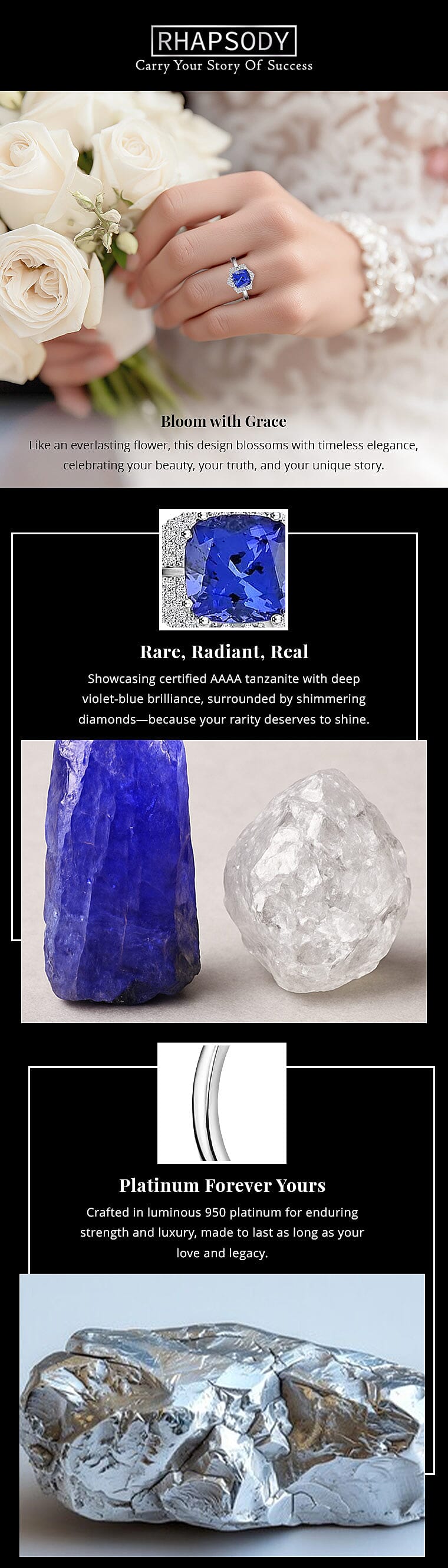 Certified and Appraised Rhapsody AAAA Tanzanite and E-F VS Diamond 4.25 ctw Ring in 950 Platinum 7.65 Grams Banner