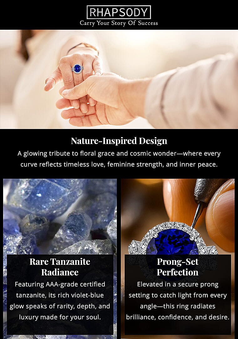 Certified and Appraised Rhapsody AAAA Tanzanite and E-F VS Diamond 7.10 ctw Ring in 950 Platinum Banner