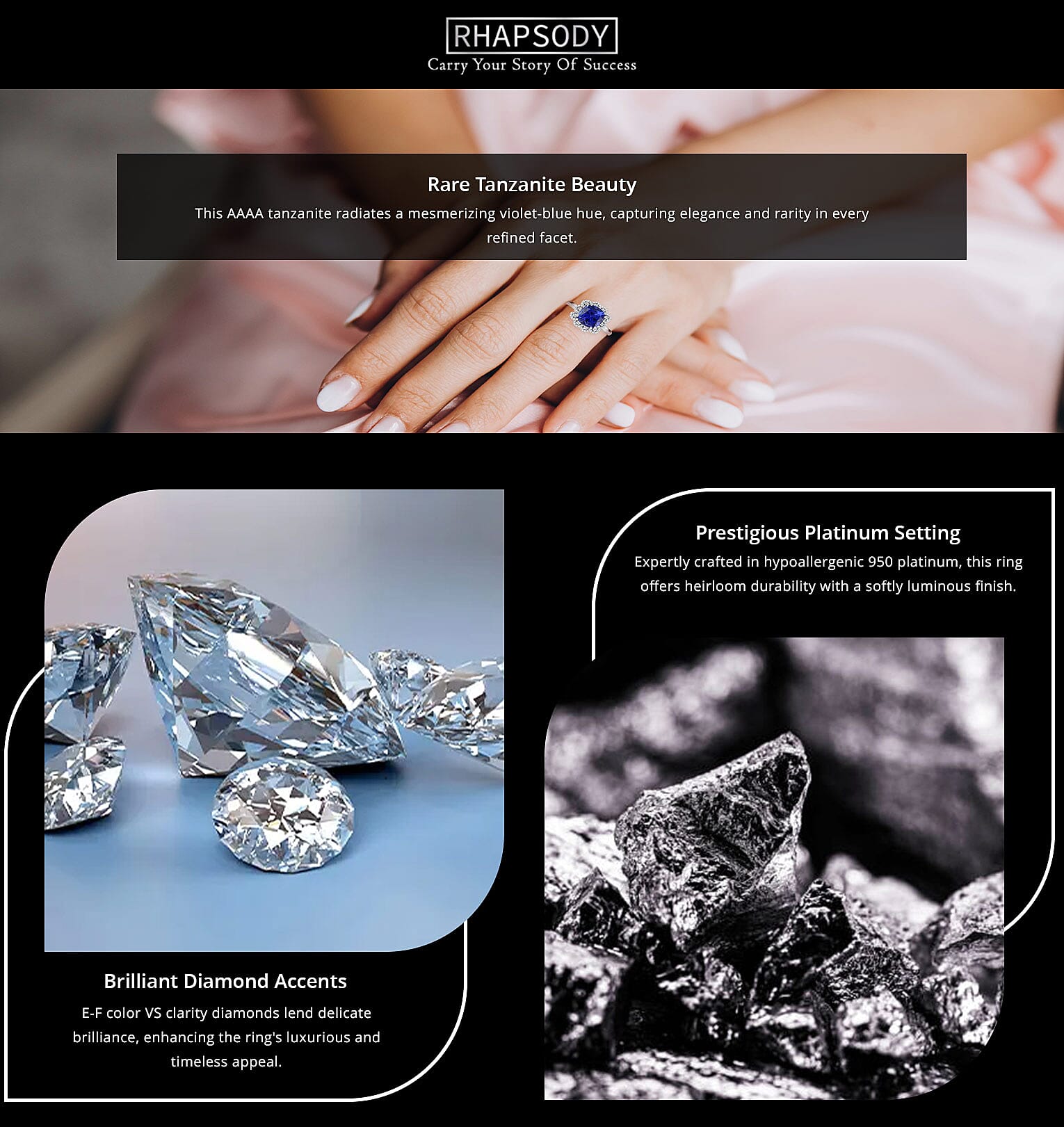 Certified and Appraised Rhapsody AAAA Tanzanite and E-F VS Diamond 4.25 ctw Ring in 950 Platinum 7.30 Grams Banner