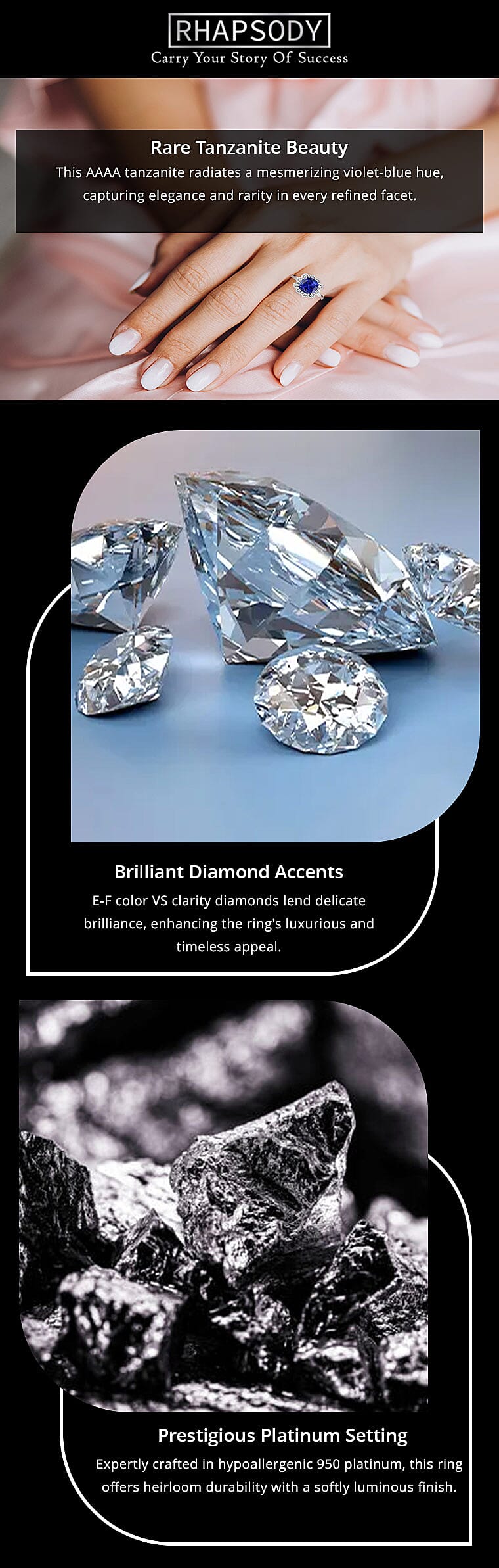 Certified and Appraised Rhapsody AAAA Tanzanite and E-F VS Diamond 4.25 ctw Ring in 950 Platinum 7.30 Grams Banner