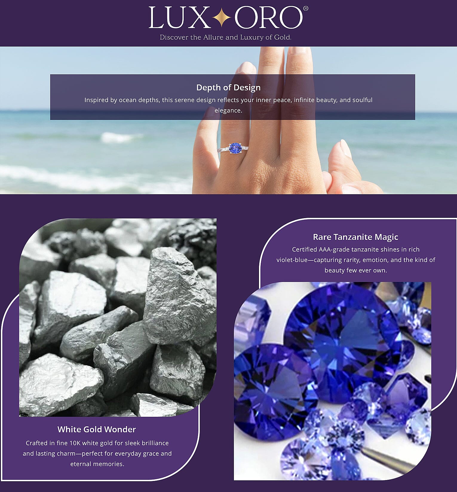 Certified & Appraised Luxoro AAA Tanzanite and G-H I2 Diamond 1.60 ctw Ring in 10K White Gold  Banner