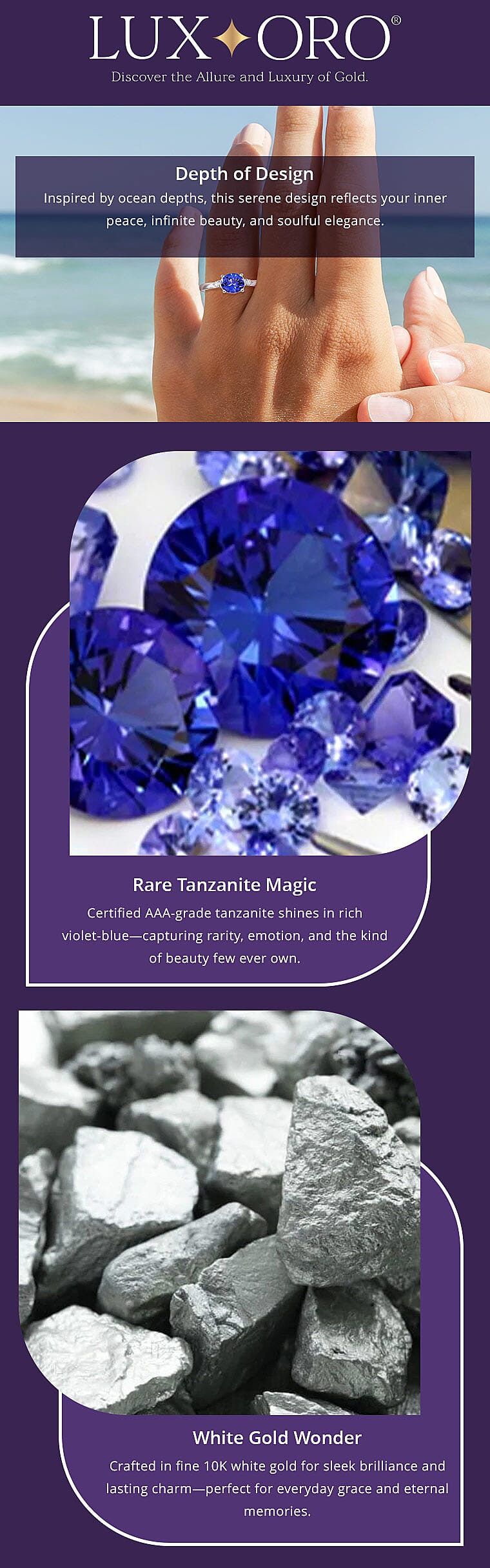 Certified & Appraised Luxoro AAA Tanzanite and G-H I2 Diamond 1.60 ctw Ring in 10K White Gold  Banner