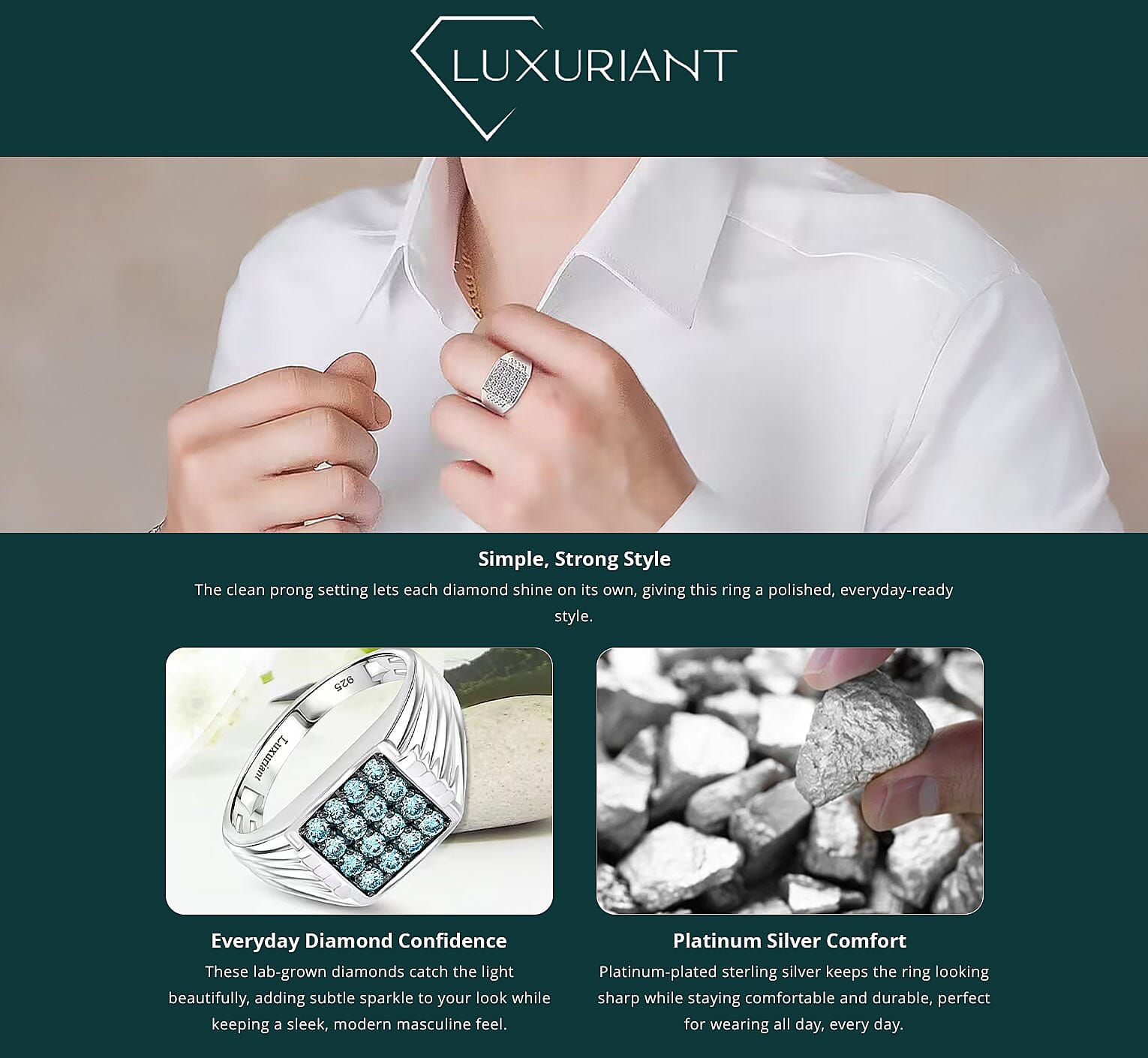 Luxuriant Lab Grown Diamond G-H SI 1.00 ctw Men's Ring in Rhodium Over Sterling Silver (Del. in 12-15 Days) Banner