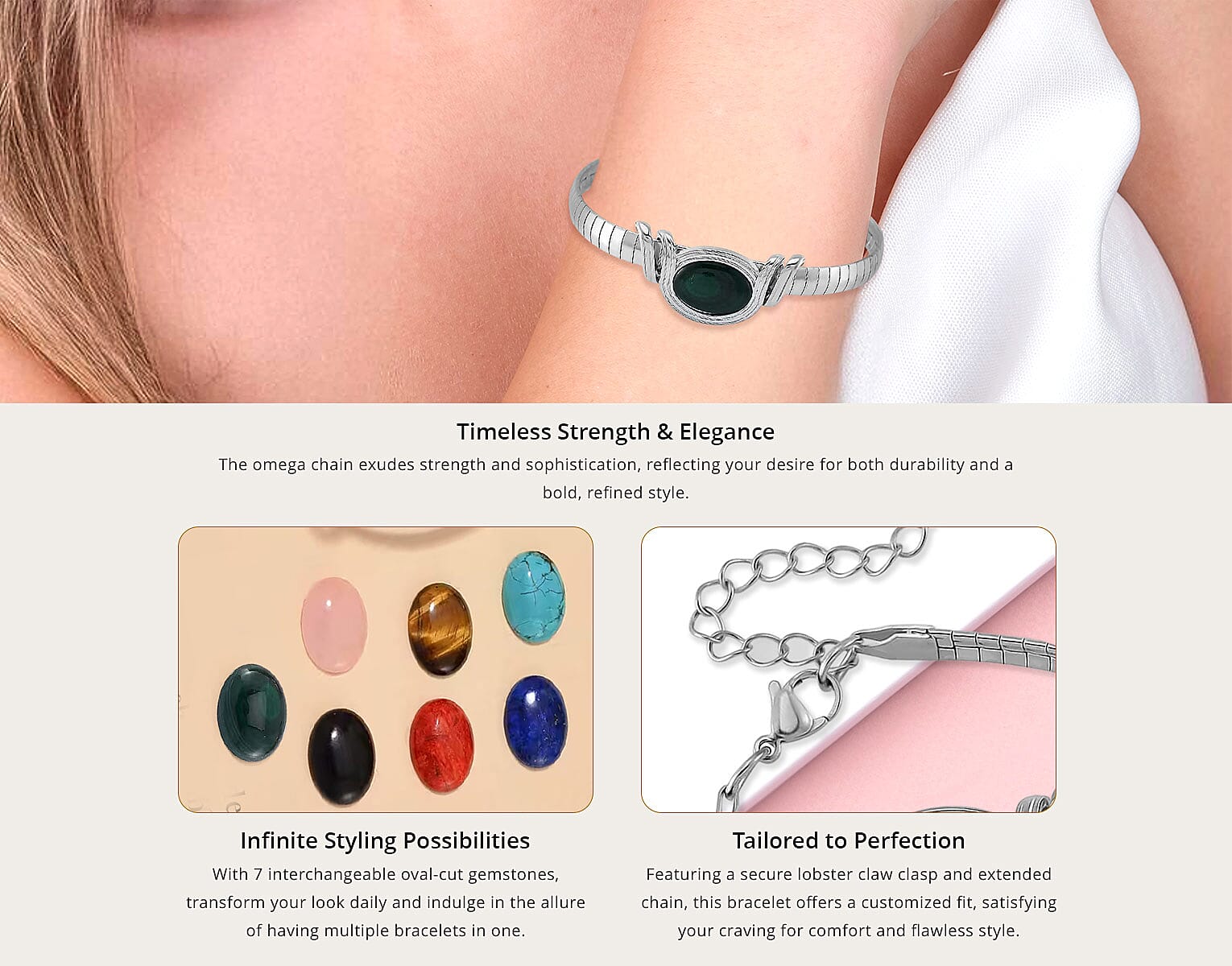 7pcs Interchangeable Multi Gemstone 59.50 ctw Bracelet in Stainless Steel Banner