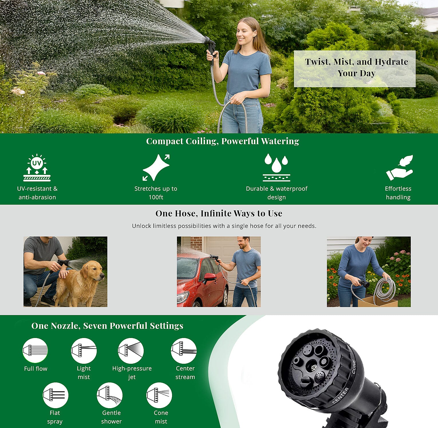 100ft Stainless Steel Water Hose Sprinkler with 7 Function Water Nozzle Banner