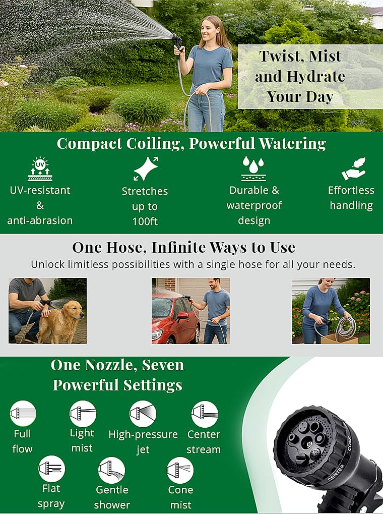 100ft Stainless Steel Water Hose Sprinkler with 7 Function Water Nozzle Banner