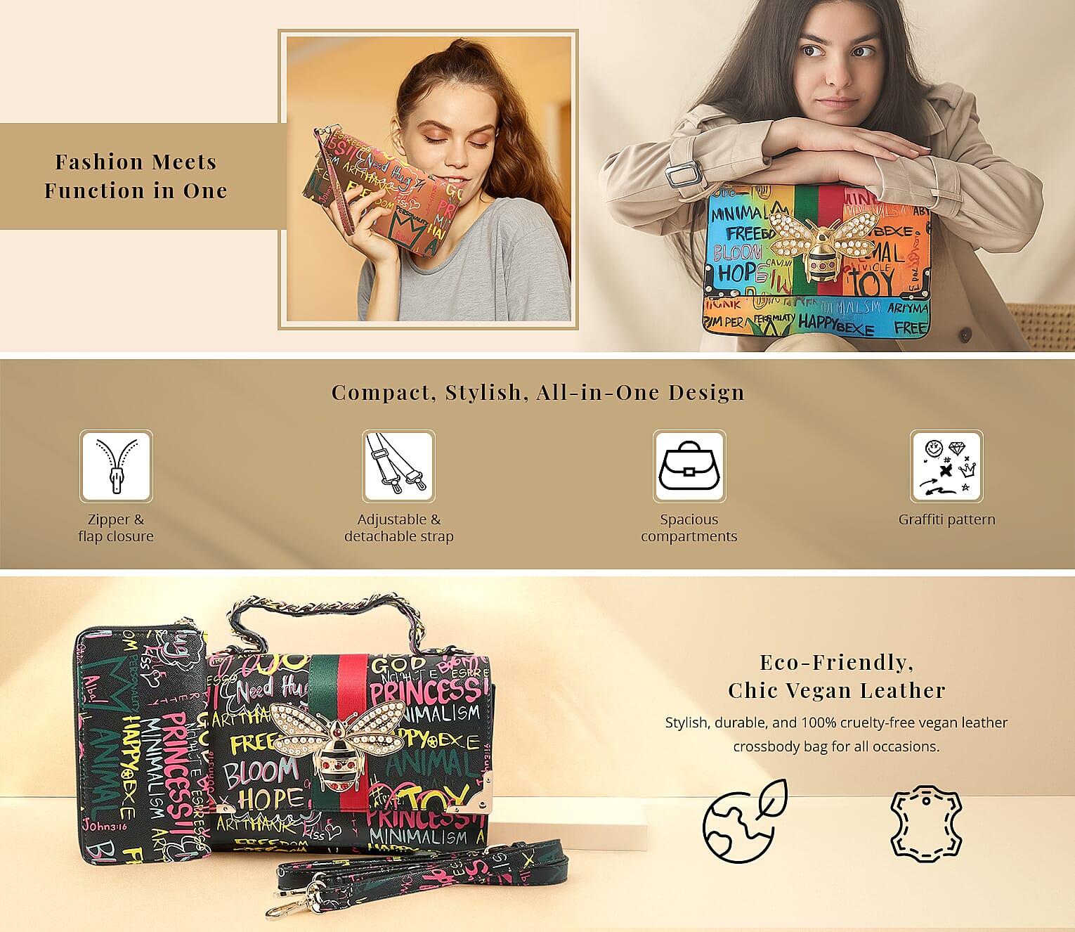 Chunma Graffiti Art, Set of 2, Tan& Multi Color Vegan Leather Crossbody Bag with Wallet Banner