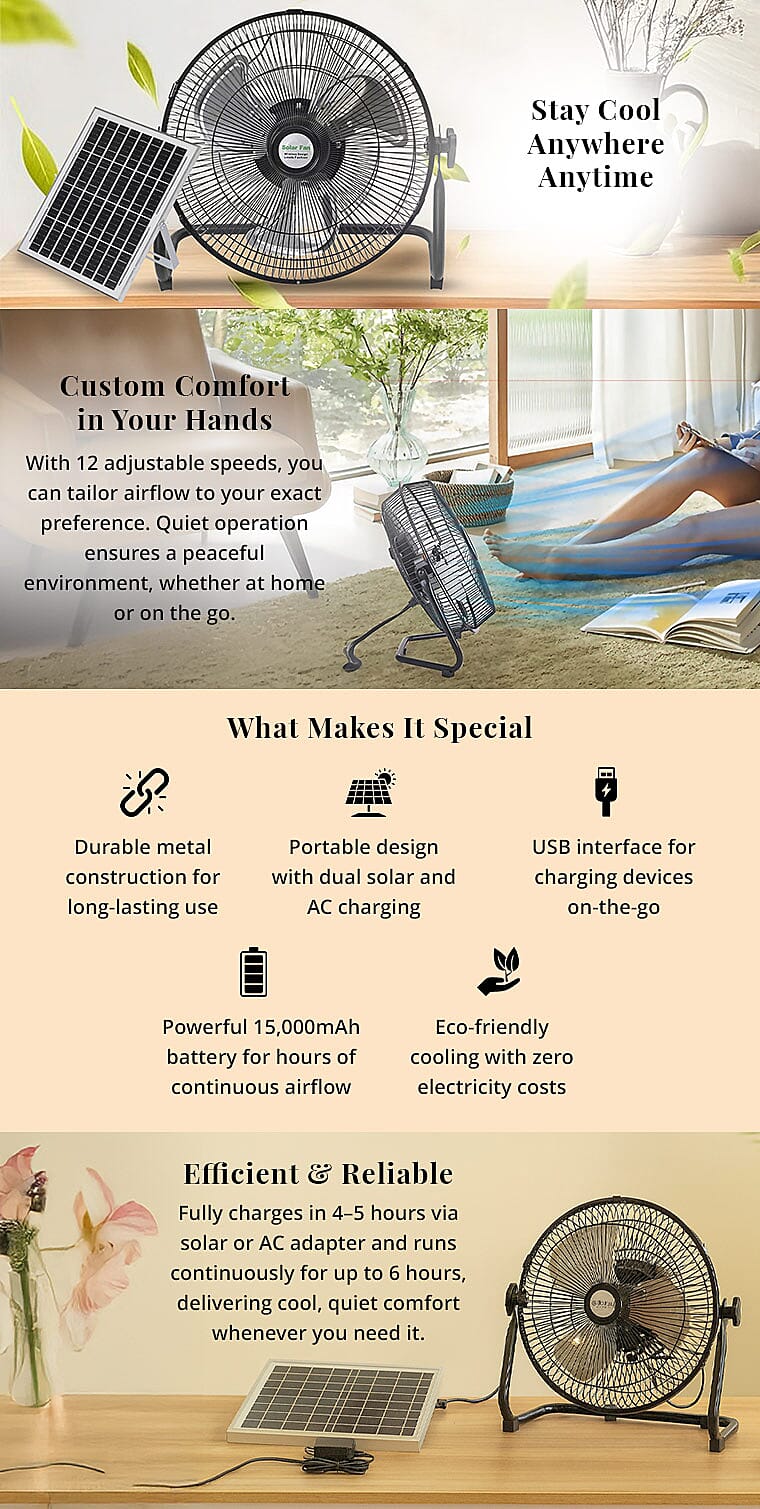 Solar Power 12 Fan, 15W Solar Panel, 15000mAh Battery, USB interface Banner