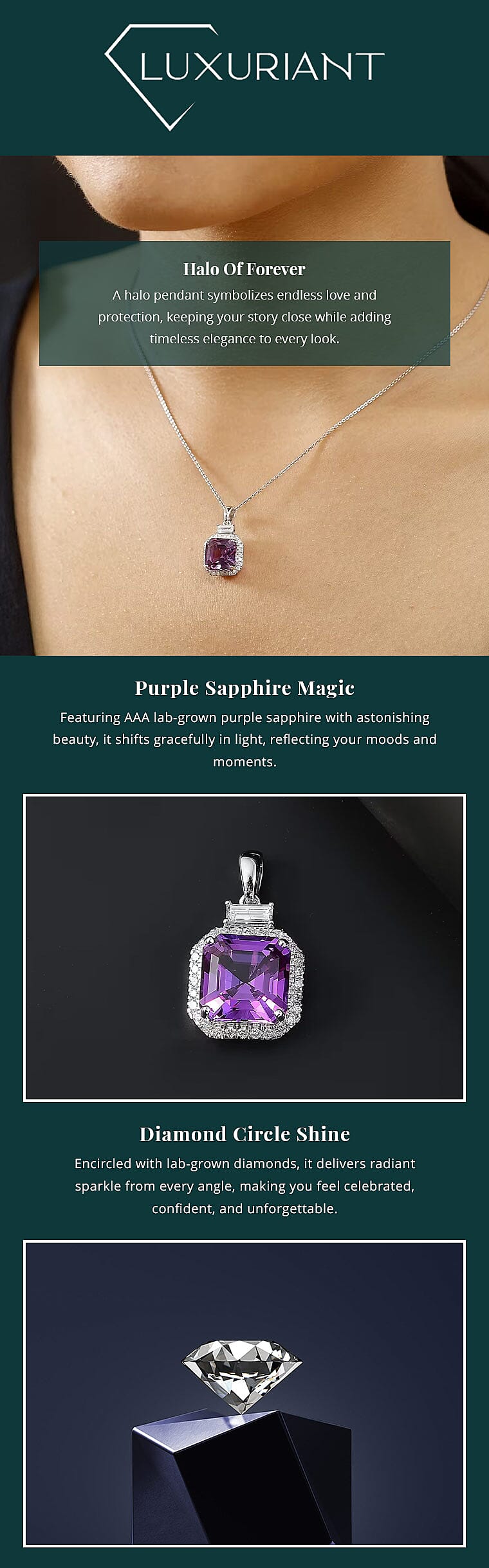 Luxuriant 10K White Gold AAA Lab Grown Purple Sapphire and E-F VS Lab Grown Diamond 6.98 ctw Pendant Necklace (18 Inches) Banner