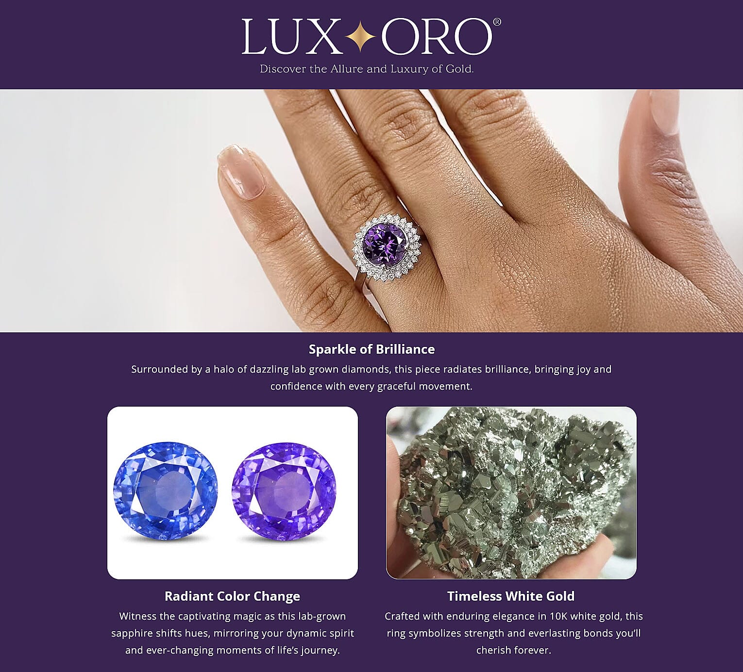 Certified & Appraised Luxuriant AAA Lab Grown Purple Sapphire and E-F VS Lab Grown Diamond 6.01 ctw Double Halo Ring in 10K White Gold Banner