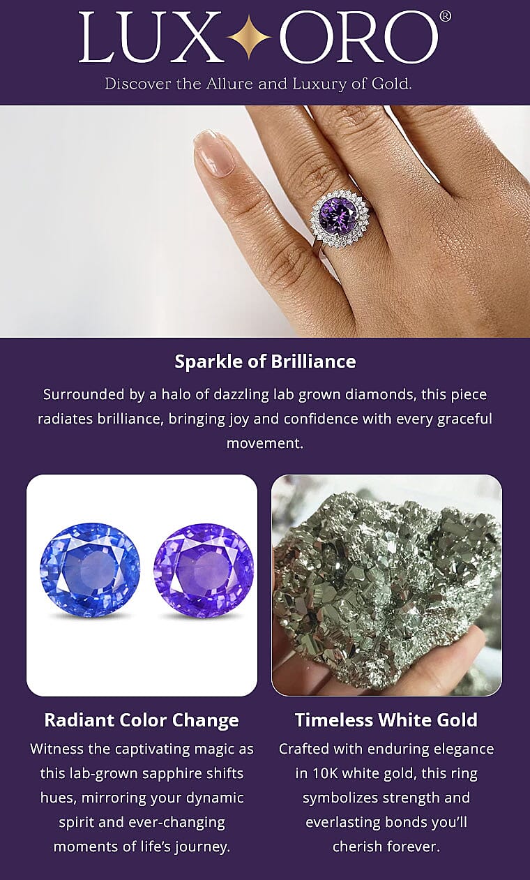 Certified & Appraised Luxuriant AAA Lab Grown Purple Sapphire and E-F VS Lab Grown Diamond 6.01 ctw Double Halo Ring in 10K White Gold Banner