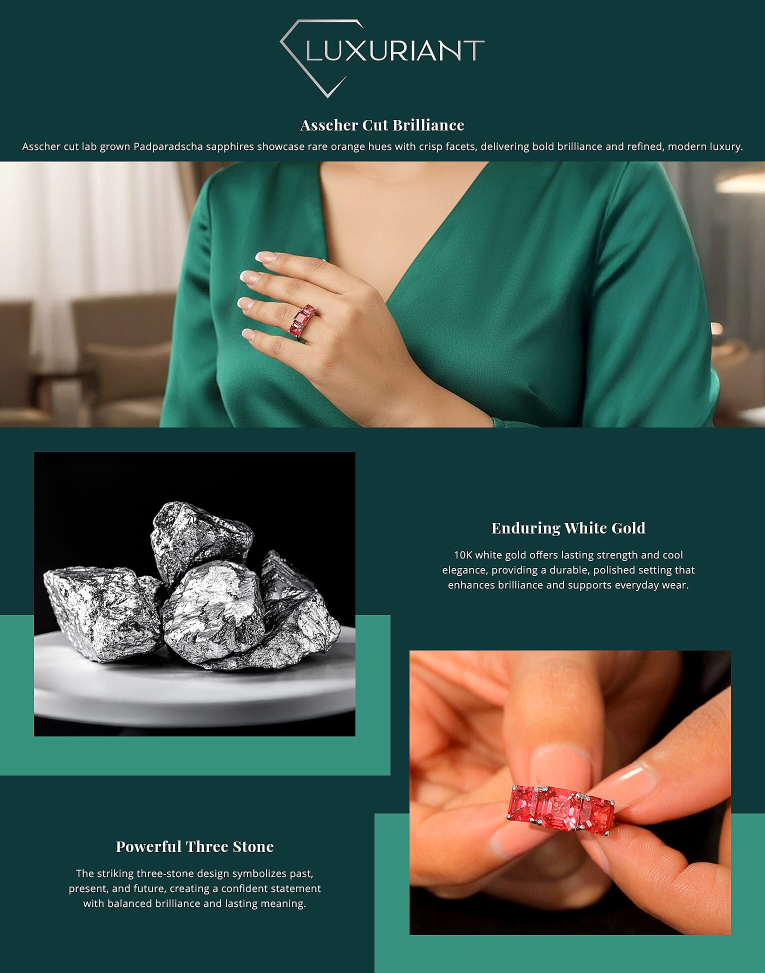 Certified Luxuriant AAA Asscher Cut Lab Grown Padparadscha Sapphire 3 Stone Ring Banner