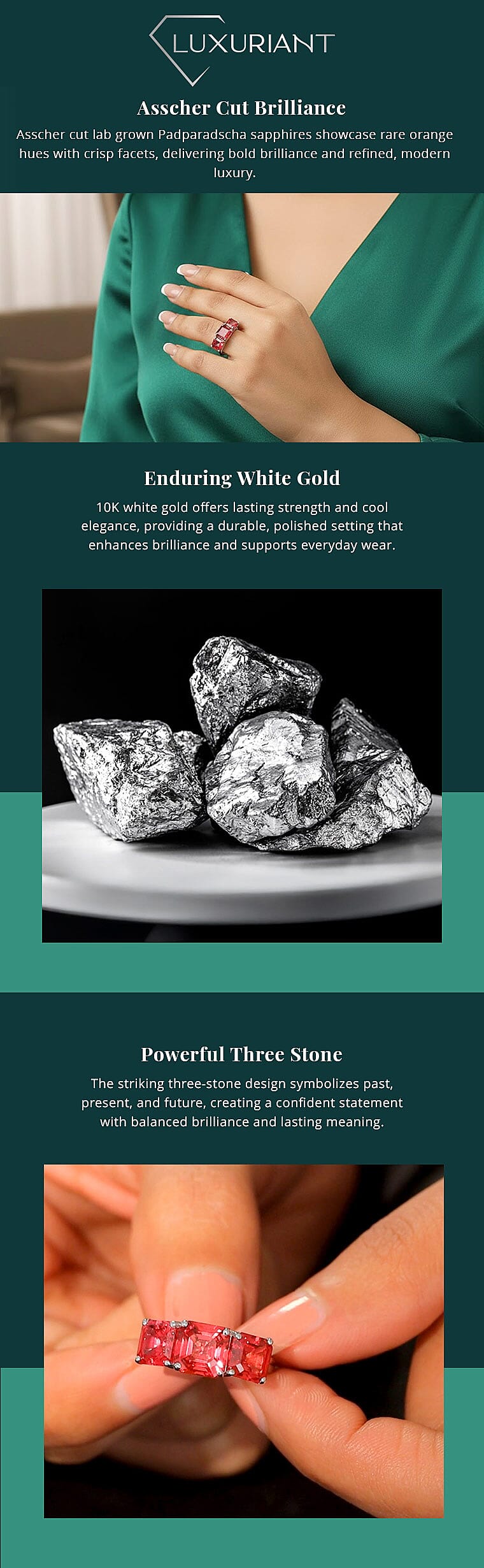 Certified Luxuriant AAA Asscher Cut Lab Grown Padparadscha Sapphire 3 Stone Ring Banner