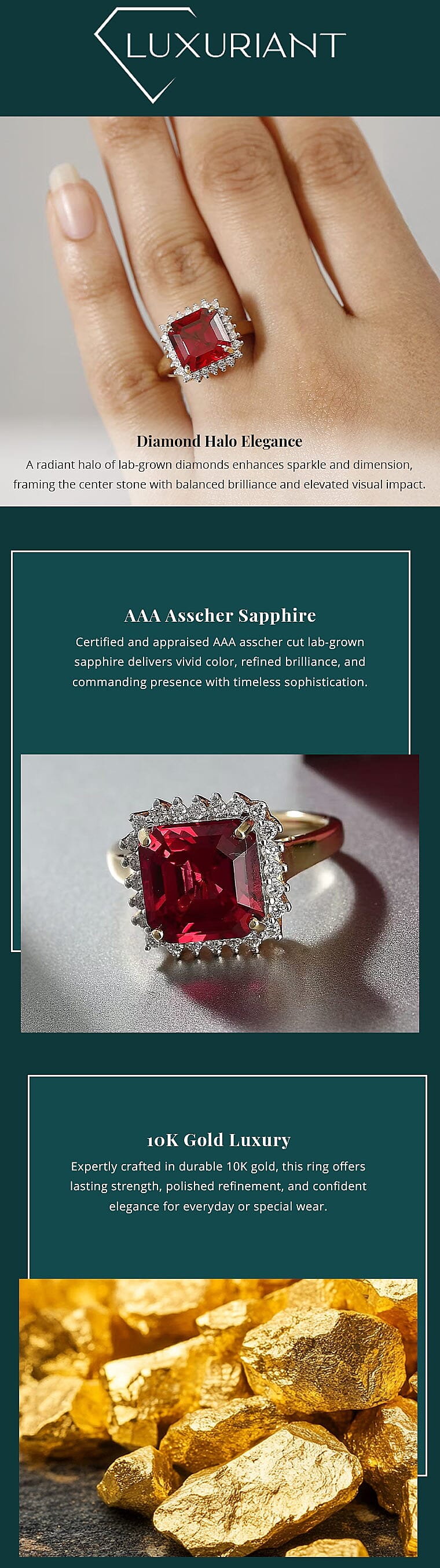 Certified & Appraised Luxuriant 10K Yellow Gold AAA Asscher Cut Lab Grown Padparadscha Sapphire, E-F VS Lab Grown Diamond 6.89 ctw Ring Banner