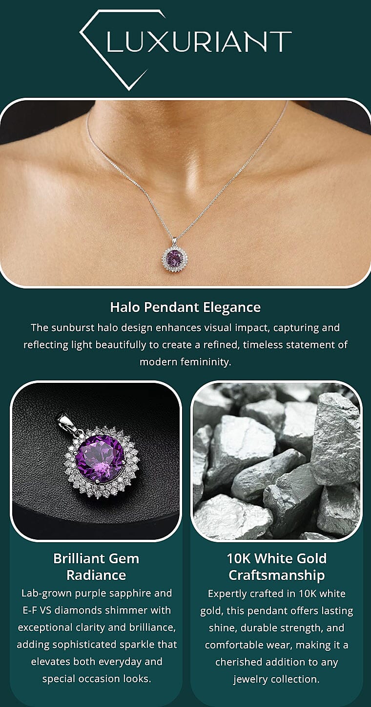 Certified & Appraised Luxuriant AAA Lab Grown Purple Sapphire and E-F VS Lab Grown Diamond 6.02 ctw Pendant Necklace (18 Inches) in 10K White Gold Banner