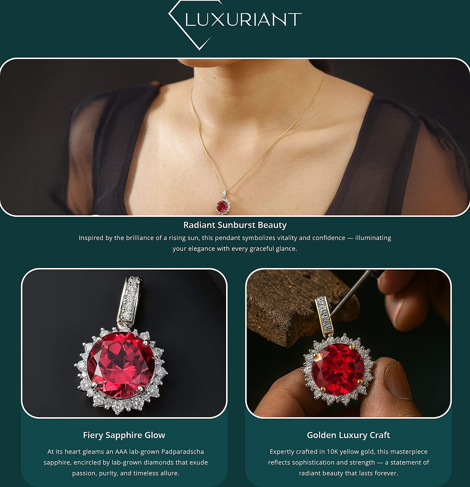 Certified & Appraised Luxuriant AAA Lab Grown Padparadscha Sapphire and E-F VS Lab Grown Diamond 5.50 ctw Pendant Necklace (18 Inches) in 10K Yellow Gold Banner