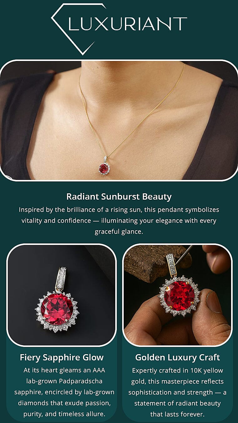 Certified & Appraised Luxuriant AAA Lab Grown Padparadscha Sapphire and E-F VS Lab Grown Diamond 5.50 ctw Pendant Necklace (18 Inches) in 10K Yellow Gold Banner