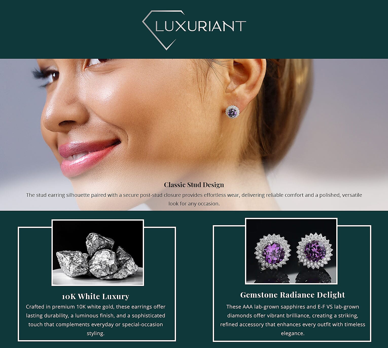 Certified & Appraised Luxuriant 10K White Gold AAA Lab Grown Purple Sapphire and E-F VS Lab Grown Diamond Banner