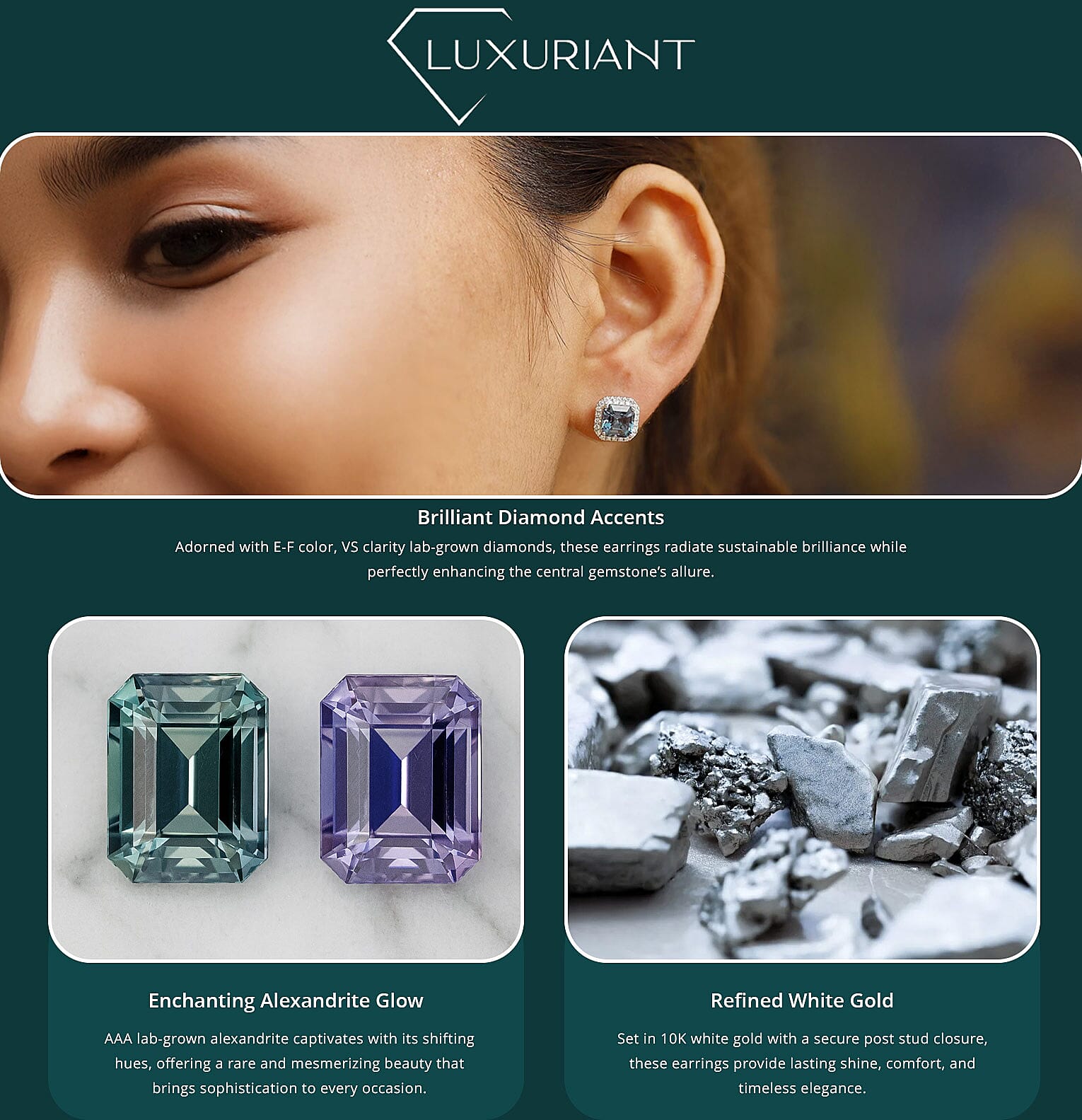 Luxuriant AAA Lab Grown Alexandrite and E-F VS Lab Grown Diamond 4.28 ctw Earrings in 10K White Gold Banner