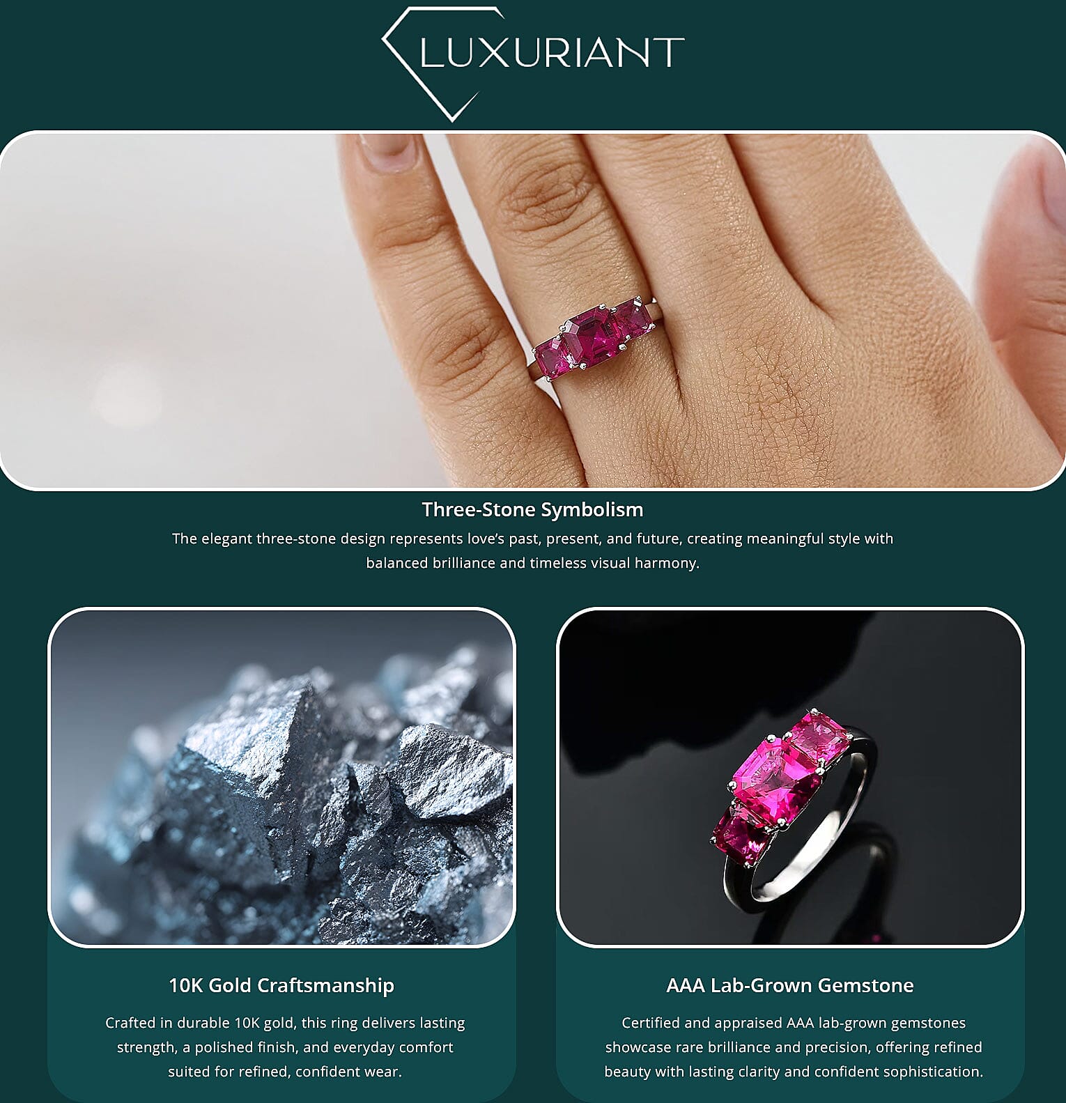 Certified & Appraised Asscher Cut AAA Luxuriant Bixbite (LG) 10.0) 2.60 ctw 3 Stone Ring in 10K White Gold Banner
