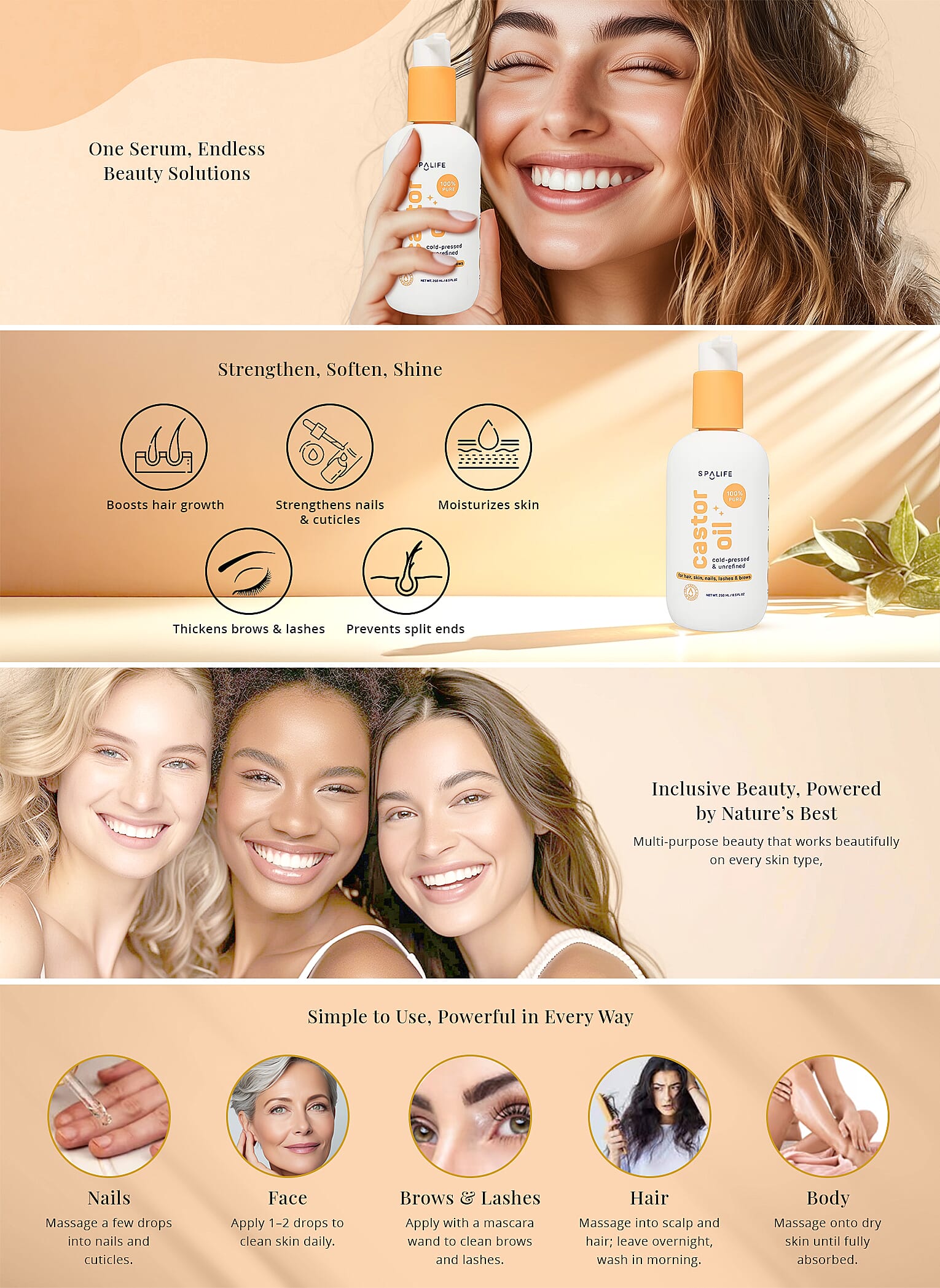 SpaLife Multi-Purpose Castor Oil Serum - Peach Bottke with Pump Banner