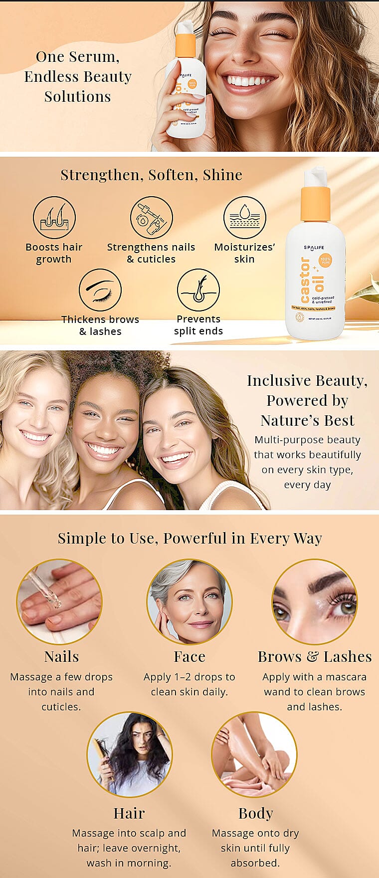 SpaLife Multi-Purpose Castor Oil Serum - Peach Bottke with Pump Banner