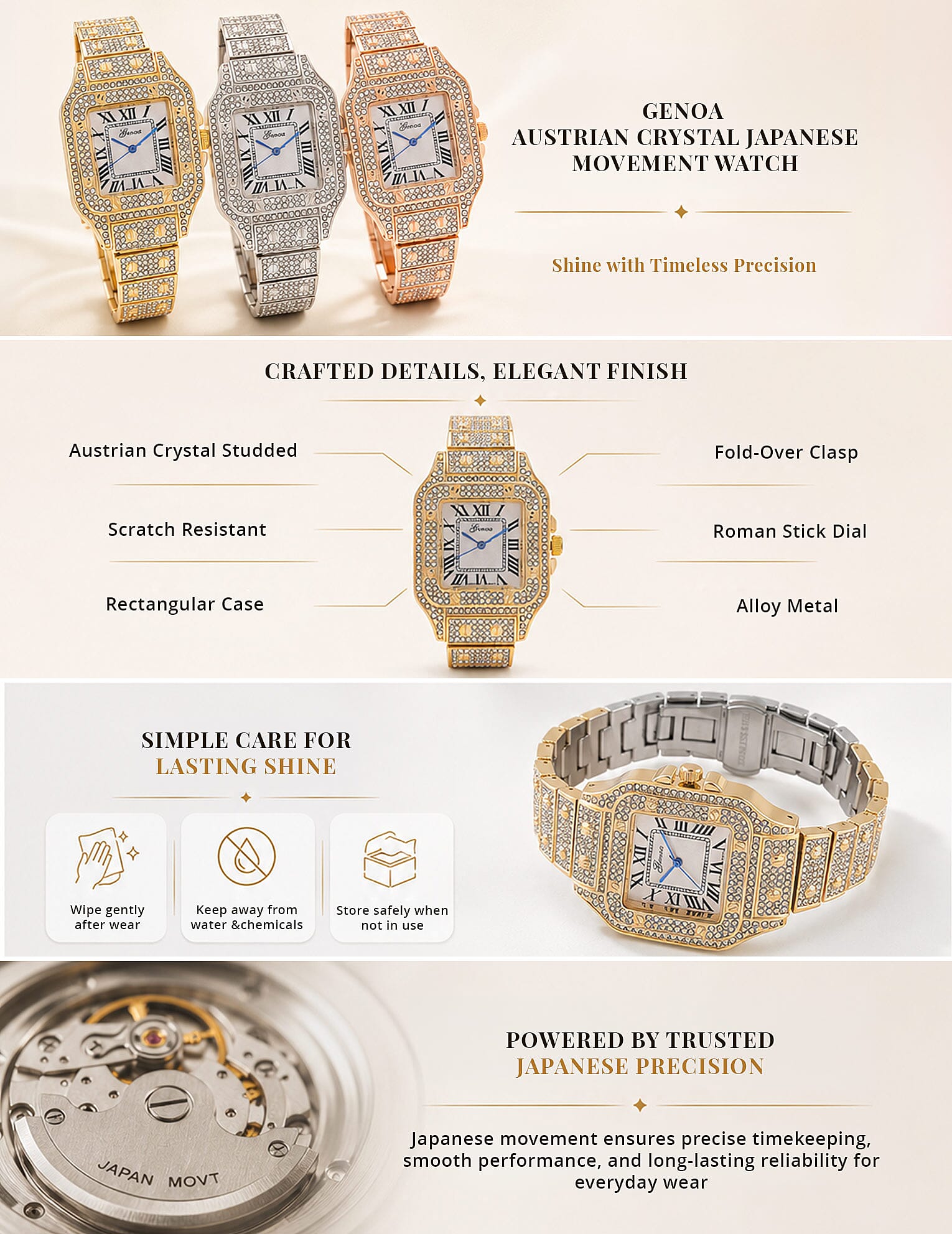 Genoa Austrian Crystal Japanese Movement Watch in Goldtone with Stainless Steel Butterfly Buckle Banner