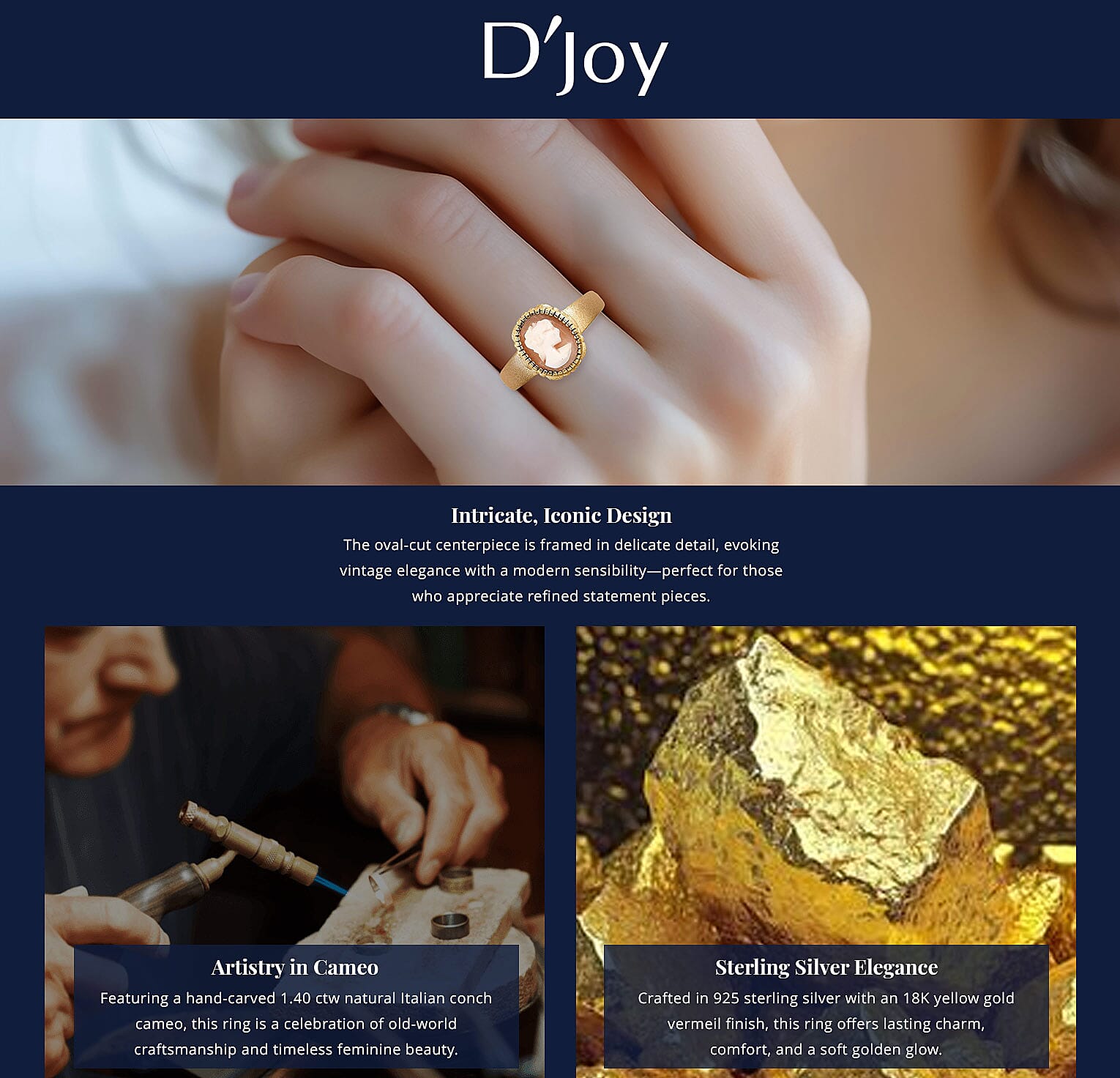 D'Joy Natural Italian Conch Cameo 1.40 ctw Golden Whispers Ring in 18K Vermeil Yellow Gold Over Sterling Silver Banner