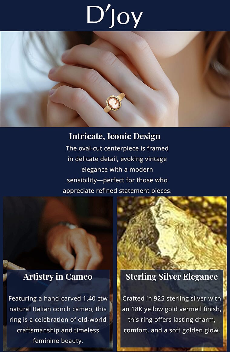 D'Joy Natural Italian Conch Cameo 1.40 ctw Golden Whispers Ring in 18K Vermeil Yellow Gold Over Sterling Silver Banner