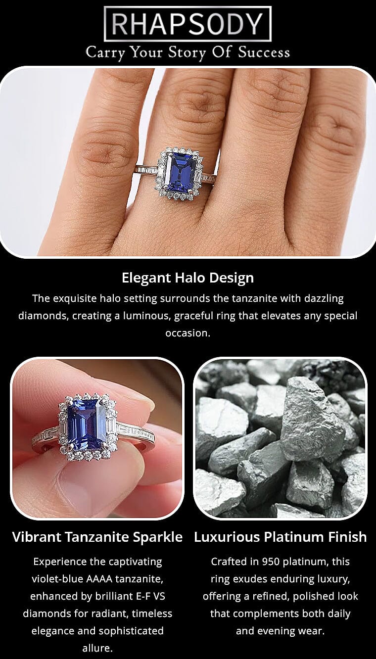 Certified & Appraised Rhapsody AAAA Tanzanite and E-F VS Diamond 3.44 ctw Ring in 950 Platinum 6 Grams Banner